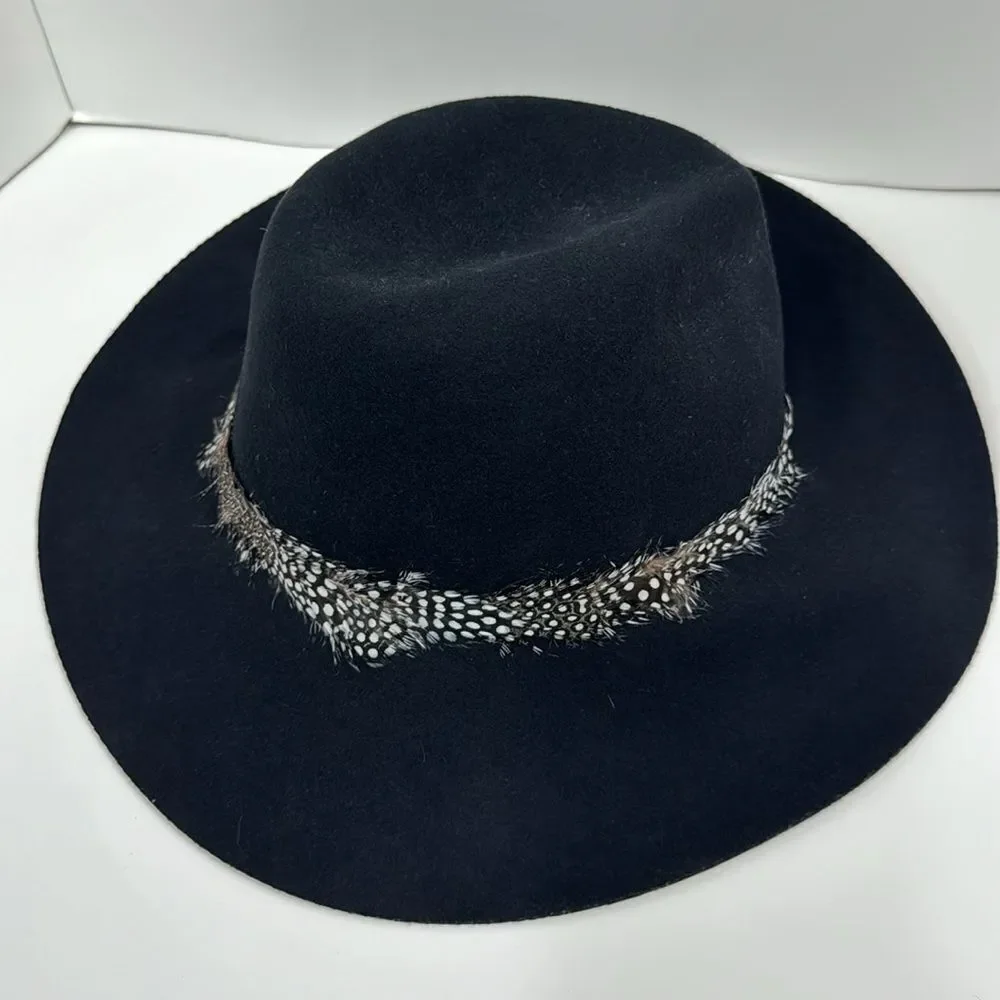 August Vintage Womens Black Wool Bucket Nomadic Feathers Band Boho Hat